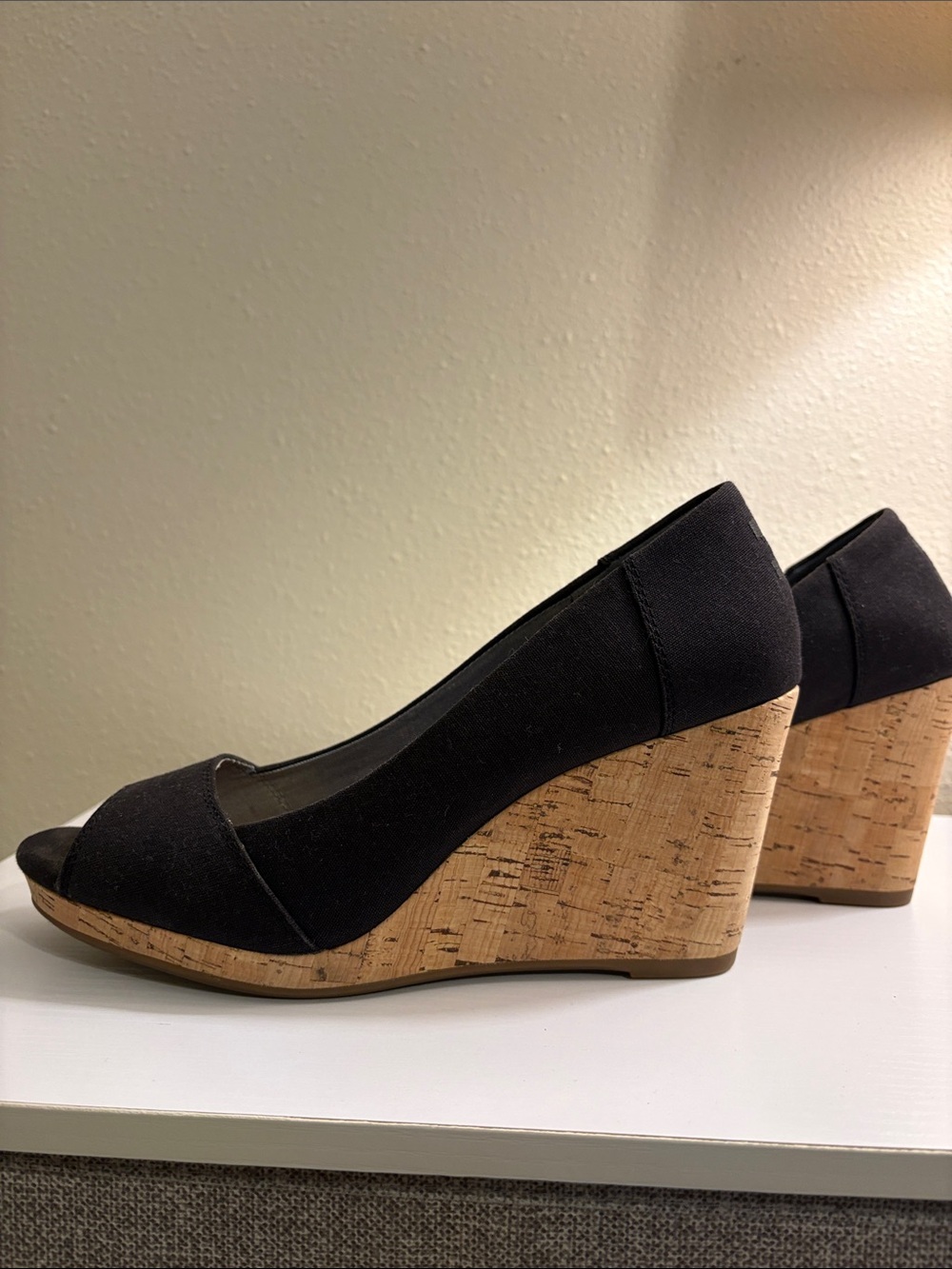 Toms Black Cork Wedge Peep-Toe Shoes